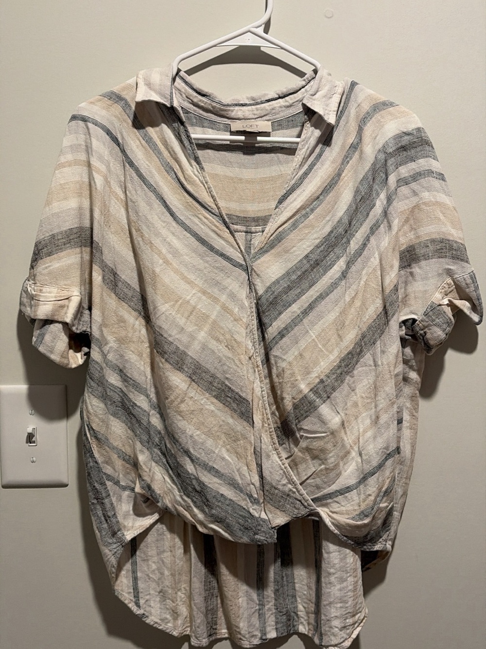 LOFT Neutral Beige and Gray Striped Button-Front Short Sleeve Top